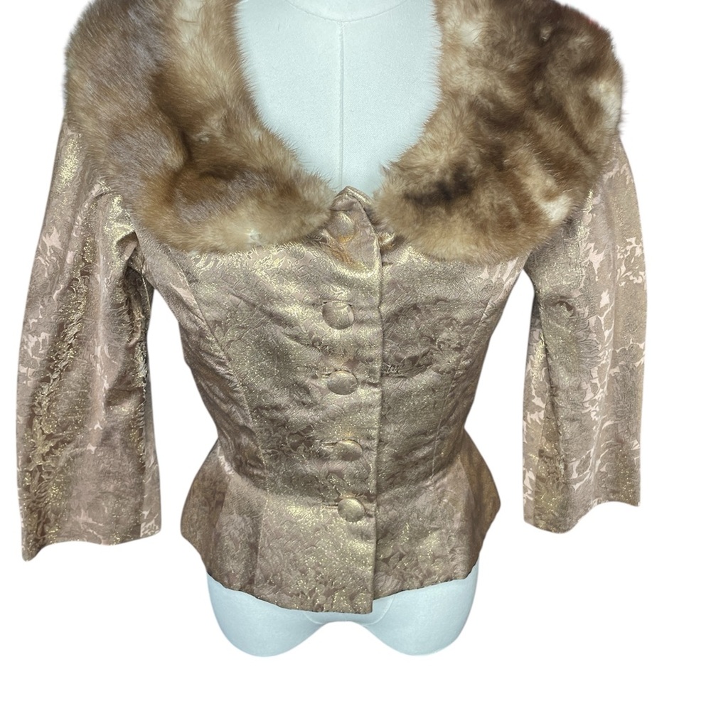 Vintage 1950s Gold Brocade Jacket w/ Fur Collar | Fitted | AS-IS
